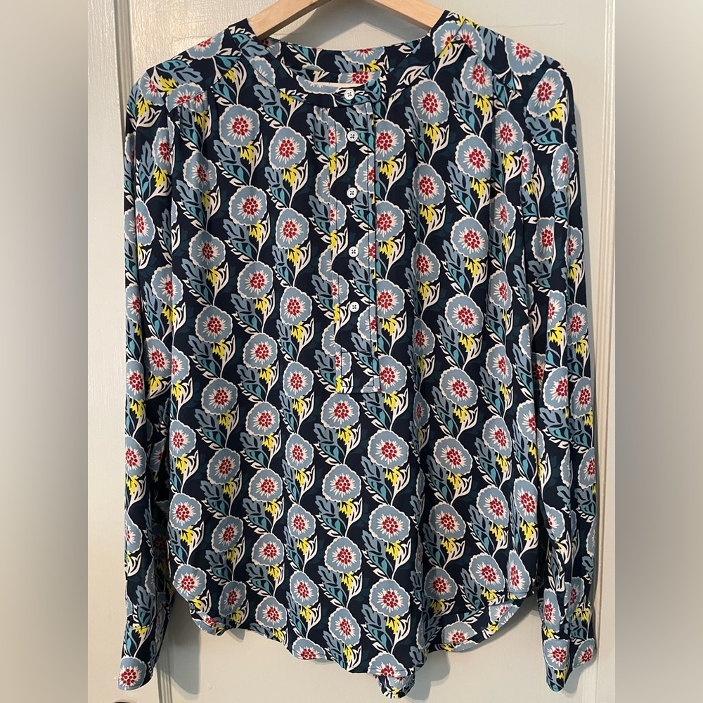LOFT Navy Floral Button Down Tunic Blouse